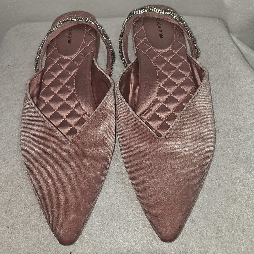 Birdies The Swan Pale Pink Crystal Rhinestone Velvet Flat / Mule